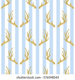 seamless gold glitter antler pattern on blue stripe background