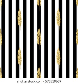 seamless gold glitter feather  pattern on stripe background