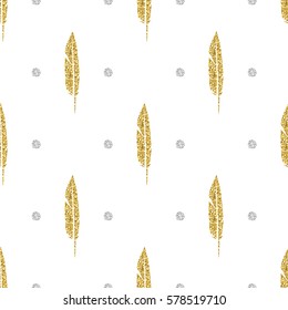 seamless gold glitter feather with silver dot glitter pattern background