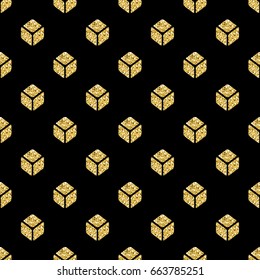 seamless  gold glitter isometric square symmetry pattern on black background