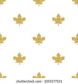 seamless gold glitter maple leaf stamp on white background