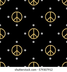 seamless gold glitter peace sign with silver dot glitter pattern background