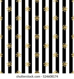 SEAMLESS GOLD GLITTER SNOWFLAKES PATTERN ON  STRIPE BACKGROUND