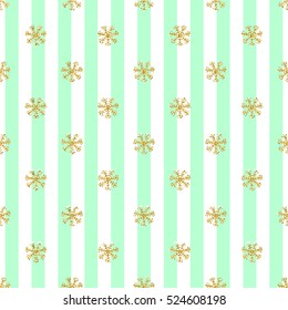 SEAMLESS GOLD GLITTER SNOWFLAKES PATTERN ON GREEN STRIPE BACKGROUND