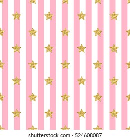 SEAMLESS GOLD GLITTER STAR PATTERN ON PINK STIPE BACKGROUND 