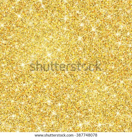 Seamless gold glitter texture isolated on golden background. Vector illustration for shimmer background. Sparkle sequin tinsel yellow bling. For sale gift card, brightly vibrant certificate, voucher