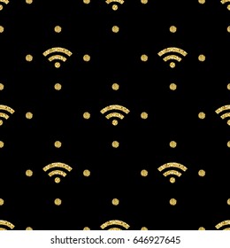 seamless gold glitter wi-fi network symbol with gold dot glitter pattern on black background