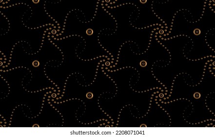 Seamless gold halftone spiral pattern background. Radial speed lines in circle stars shape. Luxury black background. Vector illustration. Golden Starburst round symbol. Circular Sun design element
