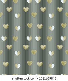 seamless gold heart glitter pattern on khaki striped background