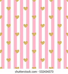 seamless gold heart glitter pattern with pink stripe background