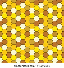 Seamless gold honeycomb pattern. Color abstract geometric background. Yellow retro texture. Vector hexagon silhouette. Frontal view. Tile.