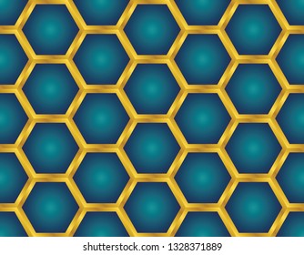 Seamless gold honeycomb pattern design with ocean blue background. vector ilustration