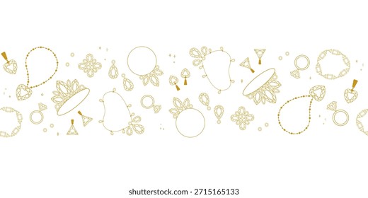Patrón de borde de joyería de oro sin costuras con anillos, pendientes, colgantes, tiaras y piedras preciosas sobre un fondo blanco, para el embalaje, impresiones de tela, invitaciones o diseños de marca. Ilustración vectorial