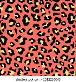 Seamless gold leopard print. Color trend palette. Living Coral color. Vector pattern, texture, background. 