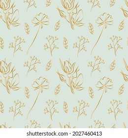 Seamless gold line floral vector pattern on a mint turquoise hand drawn background.Botanical repeating ornament in doodle style.Design for wrapping paper,packaging,textiles,fabric,web,social media.