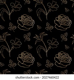 Patrón vectorial floral de la línea dorada sin brillo en un fondo negro aislado dibujado a mano. Ornamento repetitivo botánico en estilo doodle.Diseño para envolver papel, embalaje, textiles, tela, web, medios sociales.