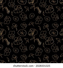 Seamless gold line floral vector pattern on a black isolated background hand drawn.Botanical repeating ornament in doodle style.Design for wrapping paper,packaging,textiles,fabric,web,social media.