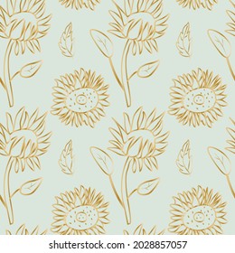 Patrón vectorial floral de la línea dorada sin fisuras en un fondo dibujado a mano turquesa a la menta.Ornamento repetitivo botánico en estilo doodle.Diseño para envolver papel, embalaje, textiles, tela, web, medios sociales.