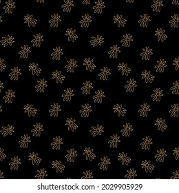 Seamless gold line floral vector pattern on a black isolated background hand drawn.Botanical repeating ornament in doodle style.Design for wrapping paper,packaging,textiles,fabric,web,social media.