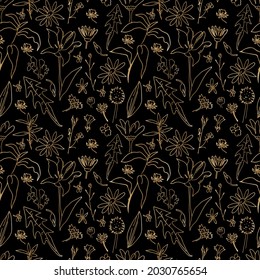 Seamless gold line floral vector pattern on a black isolated background hand drawn.Botanical repeating ornament in doodle style.Design for wrapping paper,packaging,textiles,fabric,web,social media.