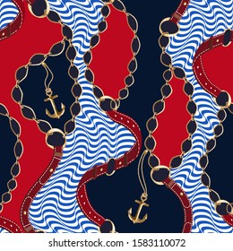 Seamless with gold metallic anchors, chains, leather belts,blue and red background. Abstract pattern illustration in marine style. Idea for material, scarf, fabric, textile, wallpaper, wrapping paper 