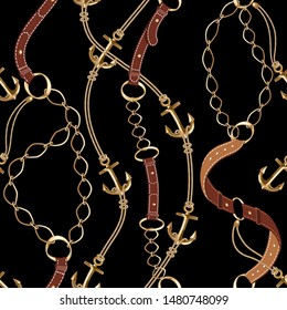 Seamless with gold metallic anchors, chains,brown leather belts,on black background. Abstract pattern illustration in marine style.Idea for material, scarf, fabric, textile, wallpaper, wrapping paper 