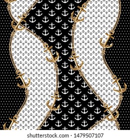 Seamless with gold metallic anchors,  rope, knot, on black and white polka dots background. Abstract pattern illustration in marine style. Idea for material, scarf, fabric, textile, wallpaper.
