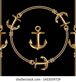 Seamless with gold metallic chains and anchors for fabric design. Abstract fashion pattern illustration on black background. Idea for material, scarf, fabric, textile, wallpaper .