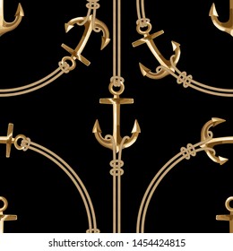 Seamless with gold metallic chains and anchors for fabric design. Abstract fashion pattern illustration on black background. Idea for material, scarf, fabric, textile, wallpaper .