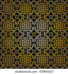 Seamless gold on black lace pattern. Contemporary graphic design, seamless line geometric background. Vector stylish endless texture. Tribal ethnic arabic, indian, turkish ornament