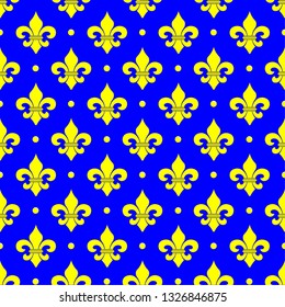 Seamless gold on blue vector graphic Fleur De Lys interspersed with gold balls wallpaper.