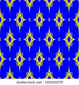 Seamless gold on blue vector graphic diamond atom design interspersed with small atoms wallpaper.