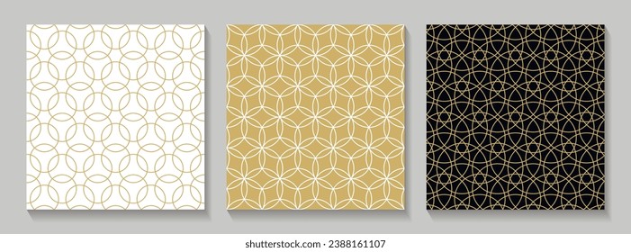 Seamless gold oriental patterns set. Islamic templates with shadows. Arabic linear textures. Vector brochures.