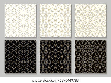 Seamless gold oriental patterns set. Islamic templates with shadows. Arabic linear textures. Vector brochures.