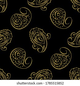 Seamless gold paisley pattern on white background. Oriental decoration print. Boho style, for wrapping, wallpaper, fabric. Indian ornament