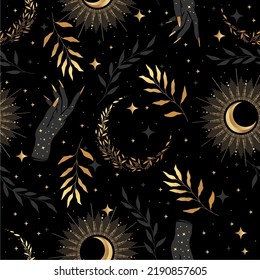 Seamless gold pattern. Black background. Magical hands. Magic hands, herbs, crescent, stars and moon phases. 