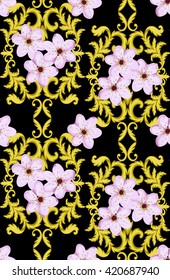 Seamless Gold Pattern with Cherry Blossom. Decorative wallpaper isolated on black background