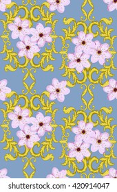 Seamless Gold Pattern with Cherry Blossom. Decorative wallpaper isolated on blue background