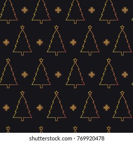 Seamless Gold Pattern of Christmas Tree with Snow and Stars. Holiday Background. Christmas Texture