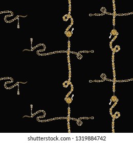 Seamless gold pattern with cross golden chain belts. Fashion hand drawn sketch on black background. Fabric design ornament.