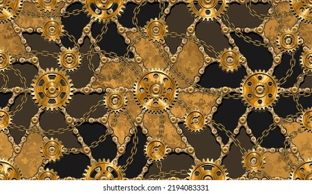 Seamless gold pattern with gearwheels, rivets chains, metallic surface. Vintage industrial background in steampunk style. Creative concept for apparel, fabric, textile, surface design.