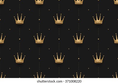 Seamless gold pattern with king crowns on a dark black background. Vector illustration