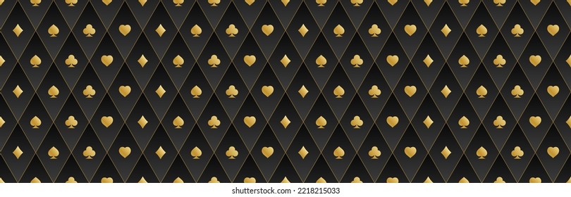 Seamless gold pattern on a black background with card suits. Background for gambling, casino advertising