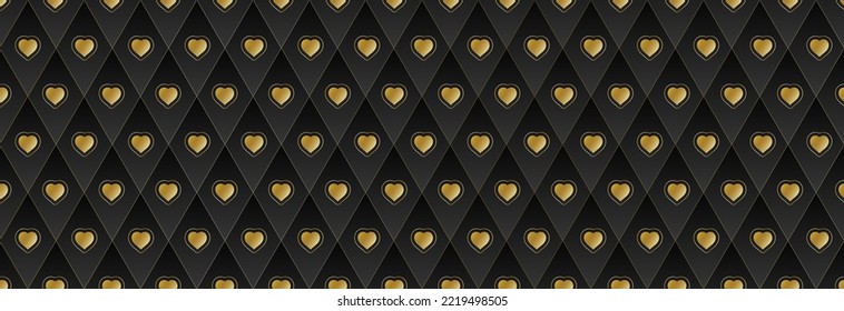 Seamless gold pattern on a black background with card suits. Background for gambling, casino advertising