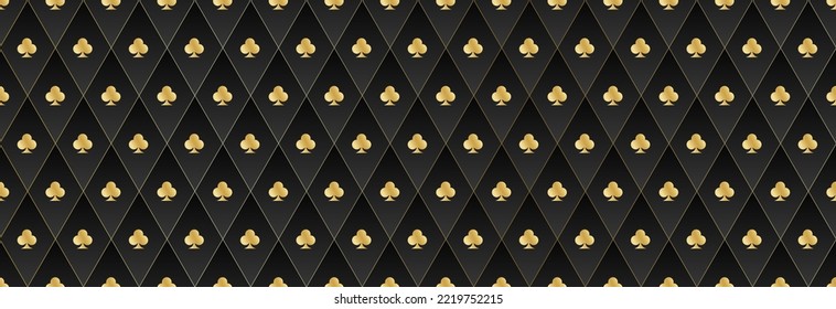 Seamless gold pattern on a black background with card suits. Background for gambling, casino advertising