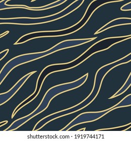 Seamless gold pattern on a blue and green background. Stylish art deco, artistic zebra stripes in vector 