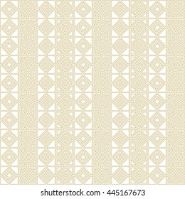 Seamless gold pattern with symmetric geometric ornament. Abstract rhombuses and triangles background. Grill wallpaper. Vector illustration