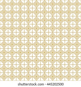 Seamless gold pattern with symmetric geometric ornament. Abstract rhombuses and triangles background. Grid wallpaper. Vector illustration