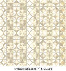 Seamless gold pattern with symmetric geometric ornament. Abstract rhombuses and triangles background. Grid wallpaper. Vector illustration