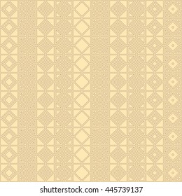 Seamless gold pattern with symmetric geometric ornament. Abstract rhombuses and triangles background. Grid wallpaper. Vector illustration